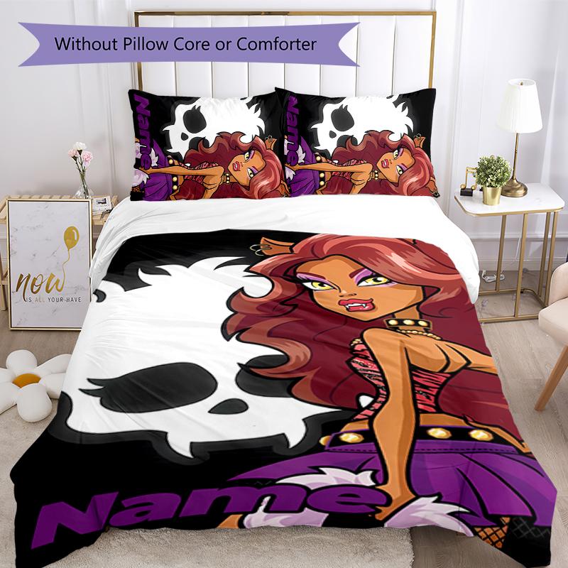 3pcs Custom Name Cartoon Monster High Bedding Set Duvet Cover Closure Includes 1 Duvet Cover & 2 Pillowcases for All Seasons Bedroom Decor