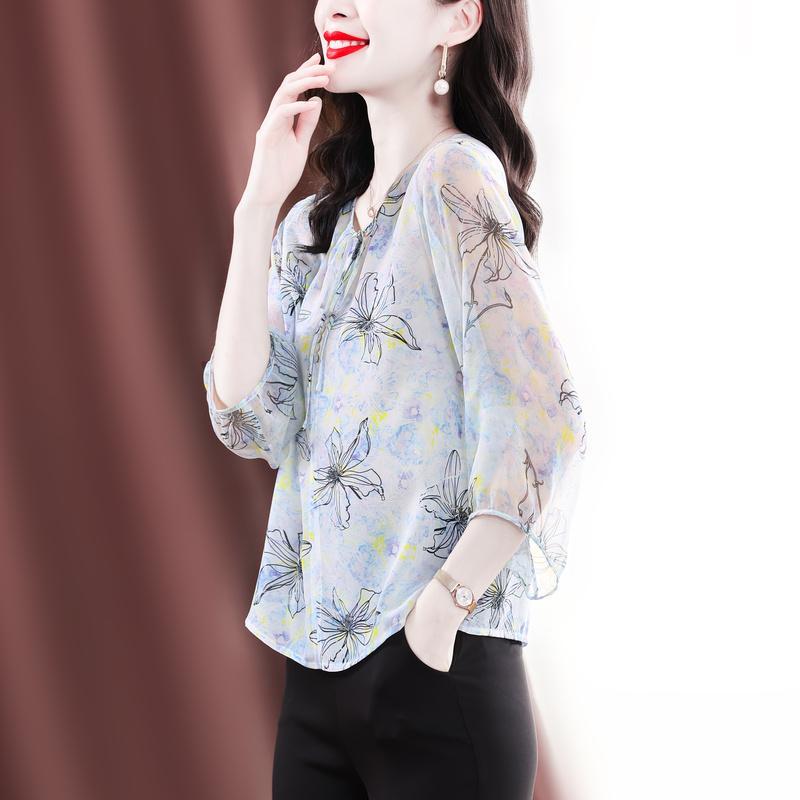 Female Spring/Summer New Korean Chiffon Shirt Top Fashion 3/4 Sleeve Printed Lace Up Bottoming Blouse S-4XL