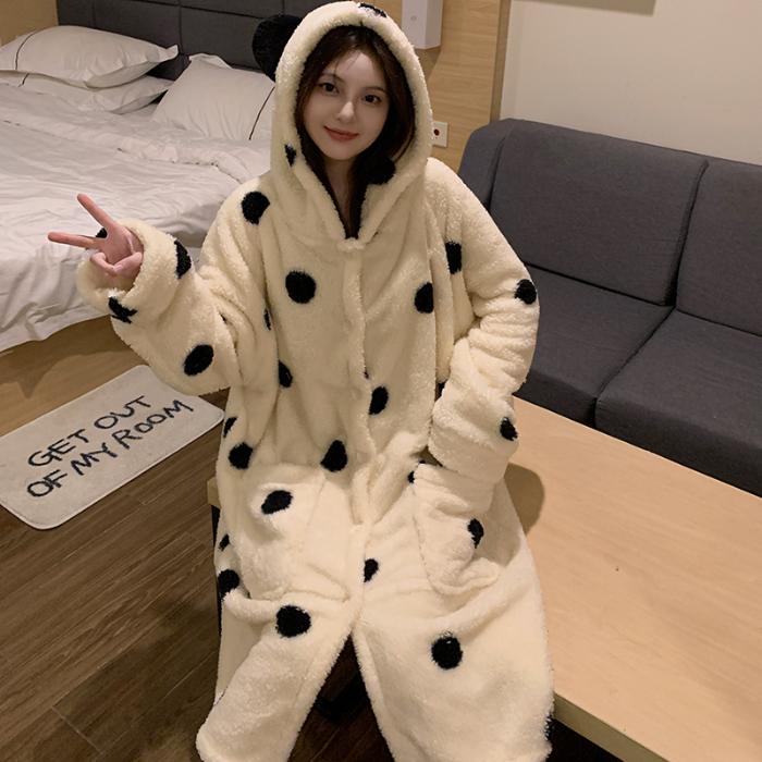 Wintertime Long Sleeve Hooded Thick Warm Flannel Kimono Robes for Women Sexy Bear Cute Bathrobes Sleepwear Nightdress Night Dre