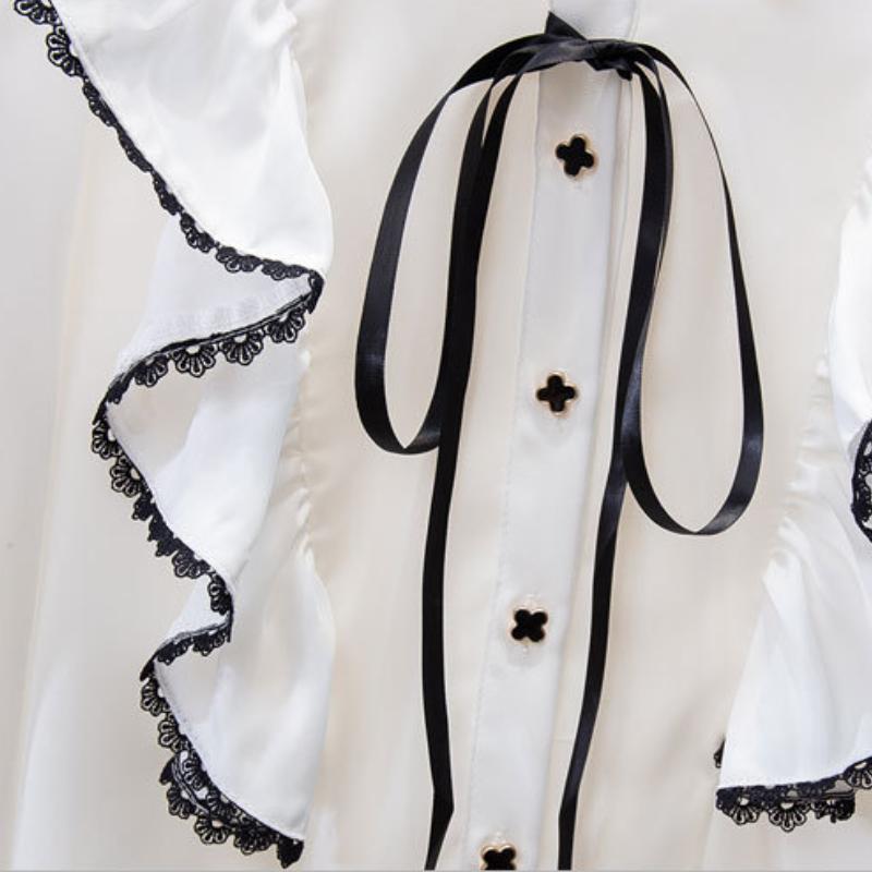 Dívčí košile s dlouhým rukávem Jaro Podzim Šifonové Bílé Tričko Knoflíkový Kardigan Klopový T-shirt pro Studentskou Uniformu Topy