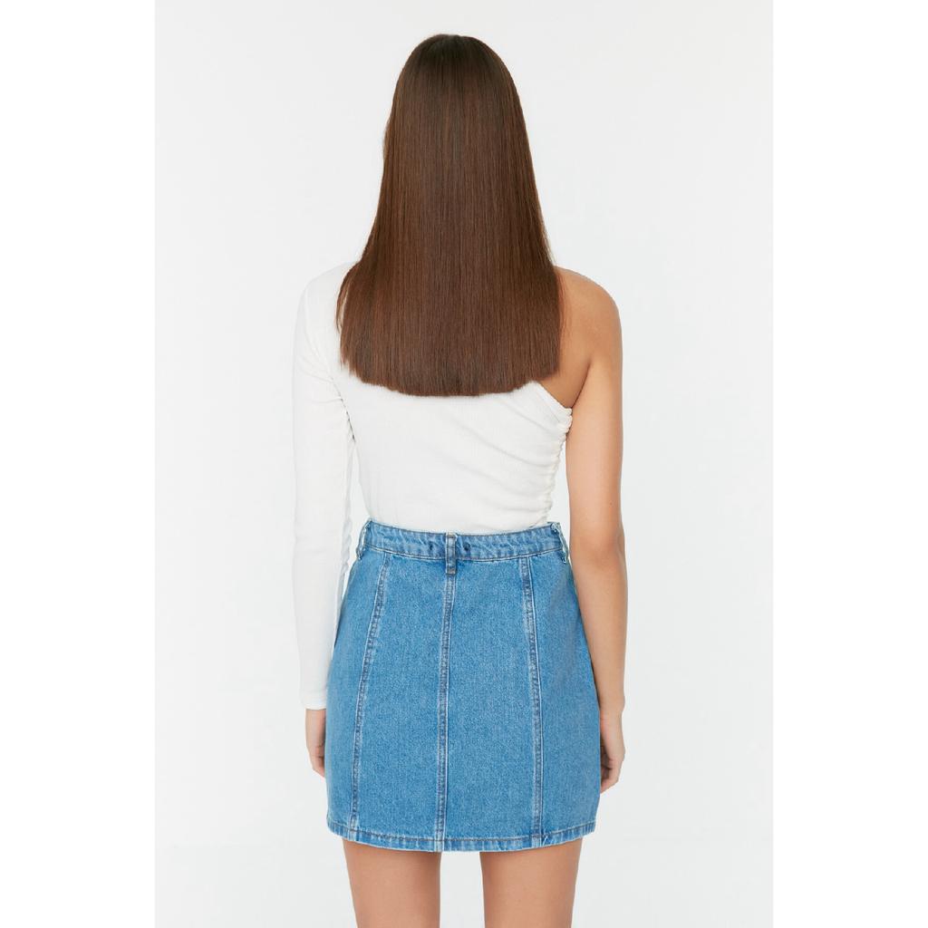 Fusta albastră cu talie înaltă cu cusături cu nasturi în față Twoss22et00050