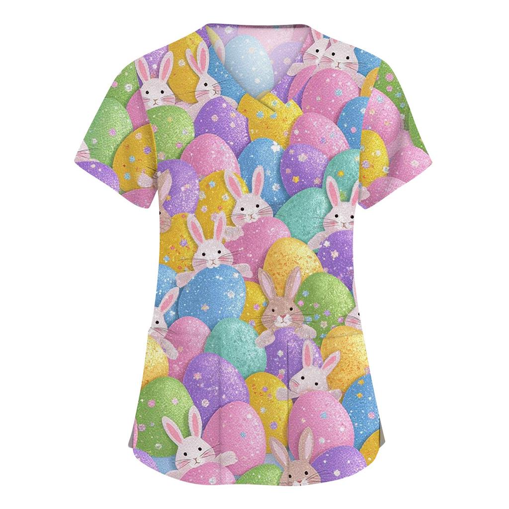 Women's Fashion V-neck Short Sleeve Workwear With Pockets Printed Tops