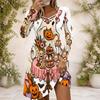 Women Criss Cross V Neck Long Sleeve Halloween Raccoon Witch Pumpkin Print Curved Hem Dress