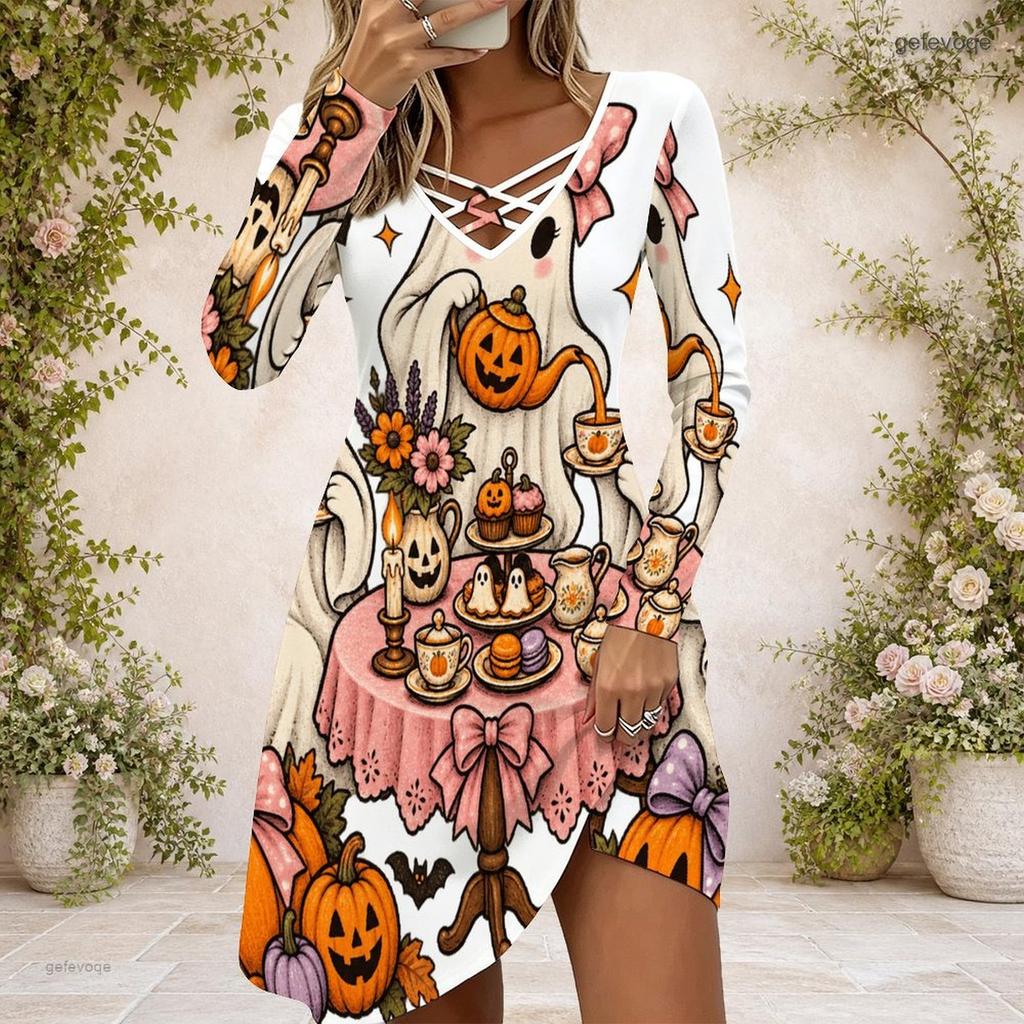 Women Criss Cross V Neck Long Sleeve Halloween Raccoon Witch Pumpkin Print Curved Hem Dress
