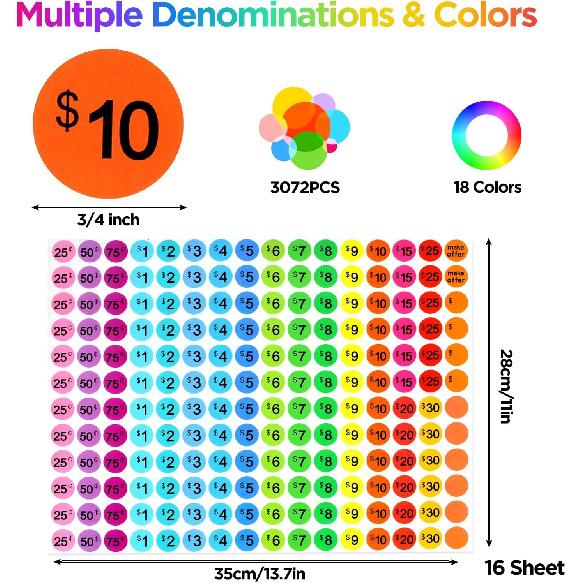 AZUREAL Price Stickers 3072P, Round Yard Sale Price Stickers 3/4 Inch, 16 Colors Garage Sale Stickers Multiple Denominations for Retail, Flea Markets