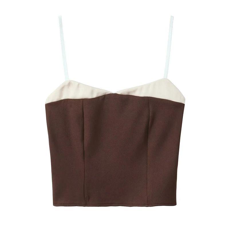 Spring New Women's Clothing French Retro Sexy Slim Fit Tube Top Contrast Color Design Short Spaghetti-Strap Camisole Top