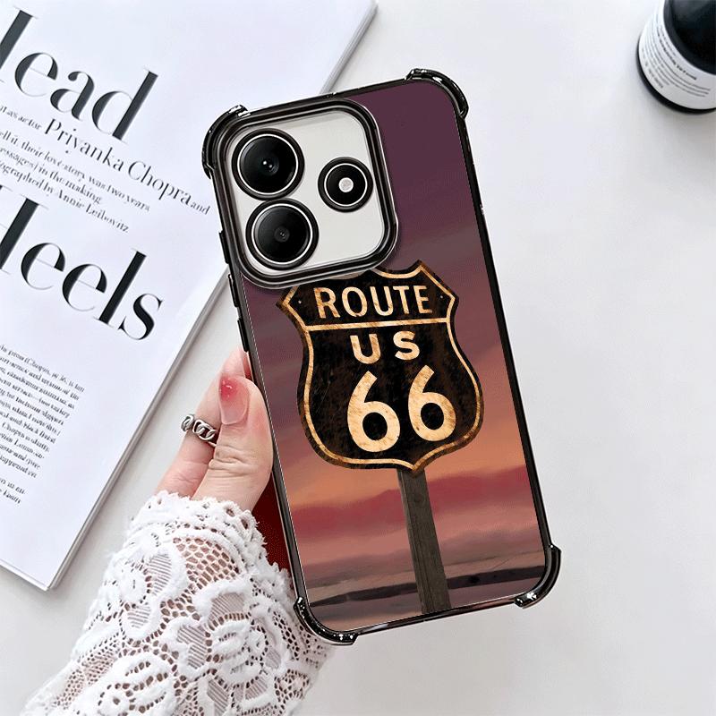 America Route 66 Plating Phone Case For Xiaomi Redmi Note 14 15 Pro Plus 13 12 11 11S 11T 10 9S 9 5G Anti-Fall Airabag Cover