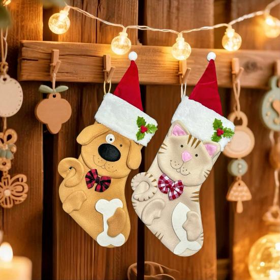 Christmas Stockings Plush Cat Dog Design Santa Claus Xmas Stockings Large Opening Candy Gift Holder Hanging Decor for Tree And Fireplace
