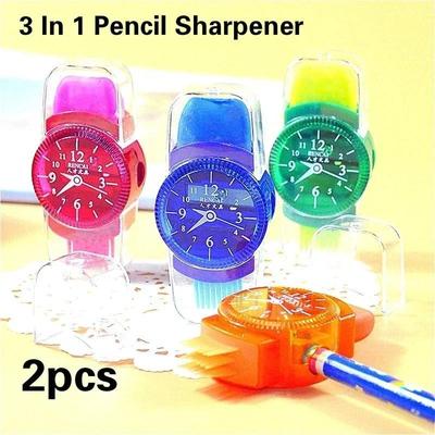 2PCS 3 In 1 Pencil Sharpener Wristwatch Modeling  with Eraser and Brush Lovely Kawaii School Stationery Supplies Random Color
