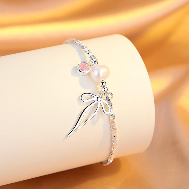 Pink Love Bow Imitation Broken Silver Bracelet Women'S Niche Exquisite High-End Sweet Bracelet