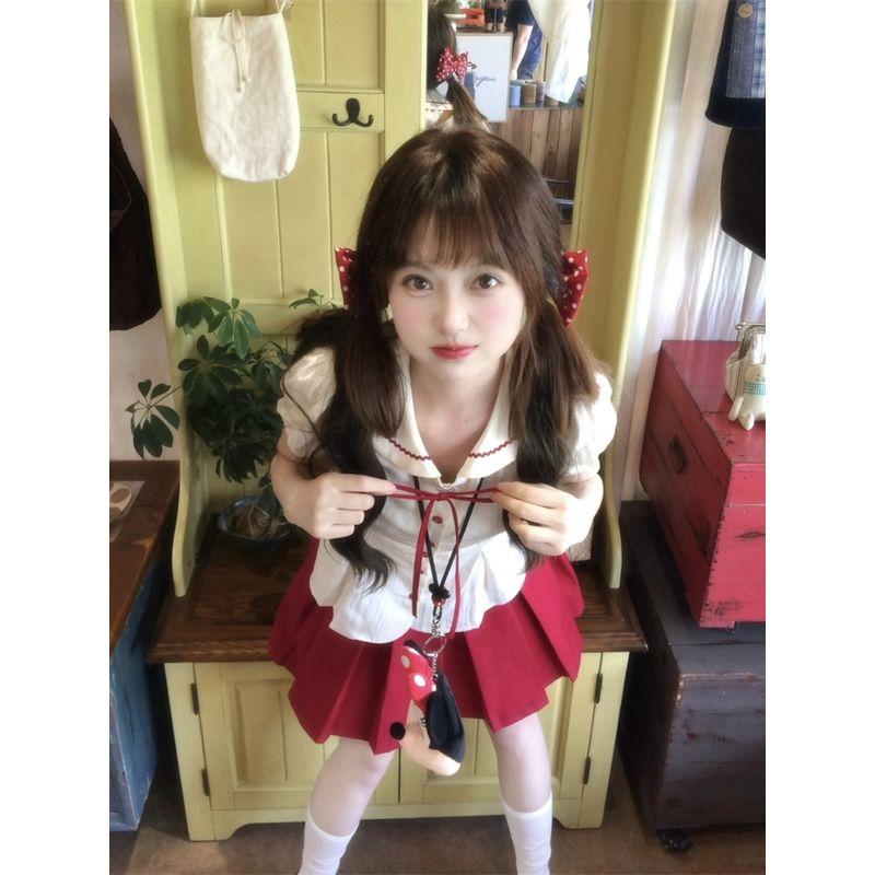 Kumikumi Sweet Style Set Cute Doll Collar Short sleeve Shirts Women Summer Red Pleated Two piece skirt
