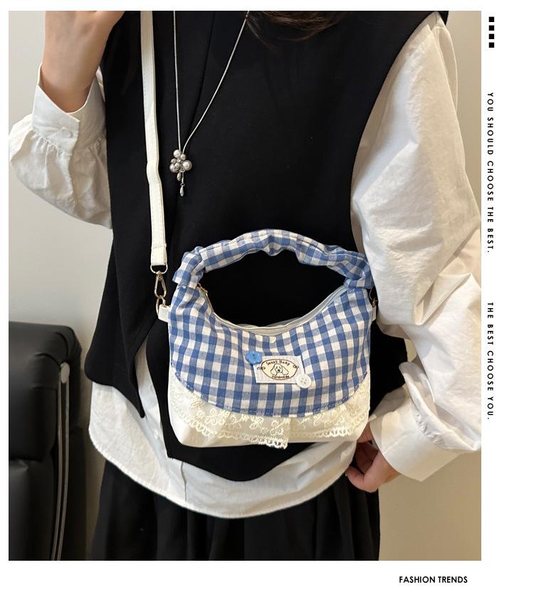 Korean Sweet Small Fresh Messenger Bag Women's 2025 Summer New Retro Red and Blue Contrasting Color Plaid Handbag Bag