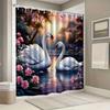 Romantic Swan Shower Curtain White Swans On Lake Pink Roses Sunset Art Nature Decor Waterproof Fabric Bath Curtain Set Home