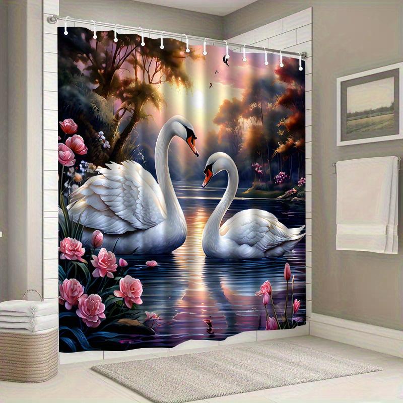 Romantic Swan Shower Curtain White Swans On Lake Pink Roses Sunset Art Nature Decor Waterproof Fabric Bath Curtain Set Home