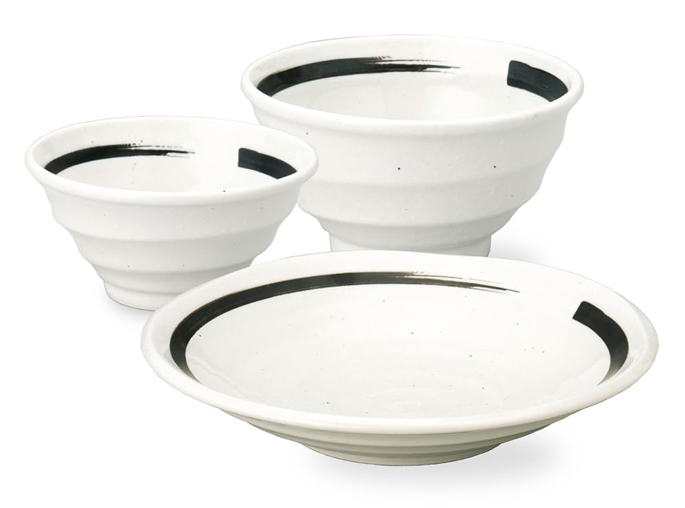 

[Made in Japan] Bom Dia Mino Ware 3-Piece Dinnerware Set Rice Bowl, Rice Bowl, and Deep Plate (Black Line)