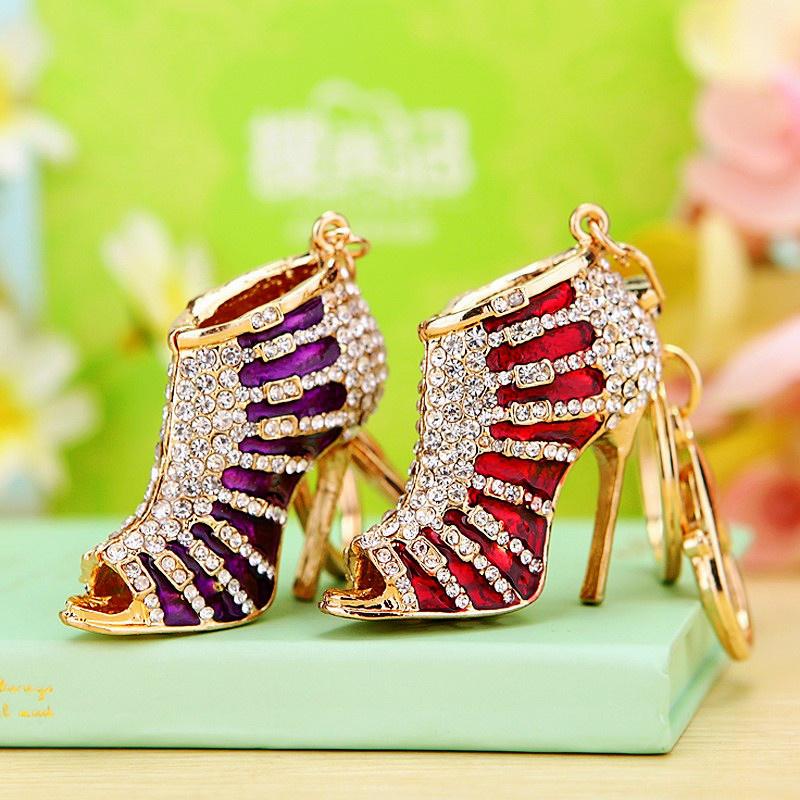 Creative Rhinestones Inlaid Goddess Fish Mouth High Heel Enamel Keychain Women Jewelry Bag Key Keyring