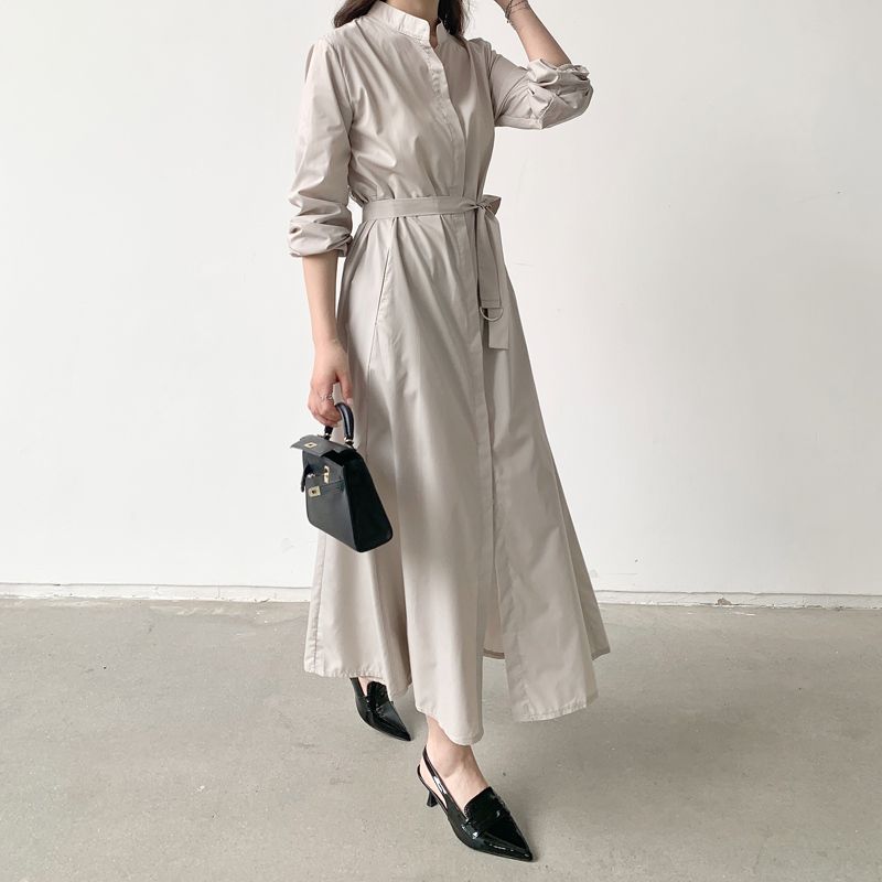 

Korean Style Spring and Autumn New Commuter Ol Elegant Stand Collar Single-Breasted Loose Pocket Mid-Length Long sleeve Shirts Dress Khaki XL