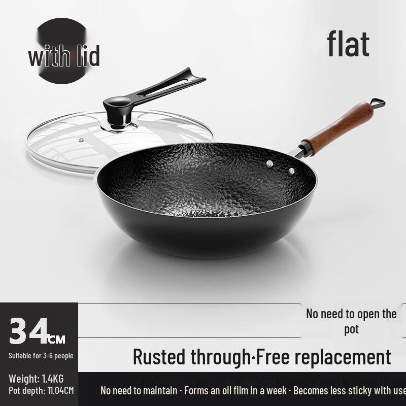 Traditional Non-stick Flat Bottom Refined Iron Wok (2-Pack)