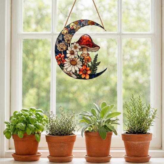 Yousheng Crescent Moon Acrylic Suncatcher with Mushroom Wildflowers, Stained Glass Effect Window Hanging Decor for Indoor Outdoor Home Garden Decor,