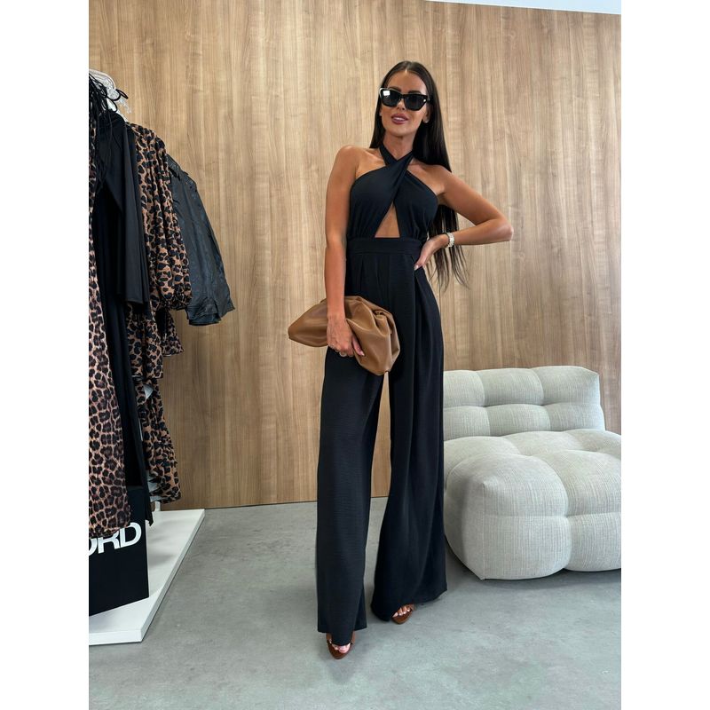 

European and American Women s Clothing Summer New Arrival Halterneck Tight Waist Sexy Pure Color One-Piece Wide-Leg Pants 105530 Black S