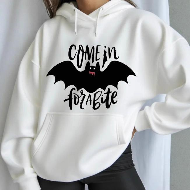 Ladies Spring Autumn Casual Hooded Drawstring Long Sleeve Big Pocket Halloween Bat Printed Pullover Hoodies Sweatshirt Top