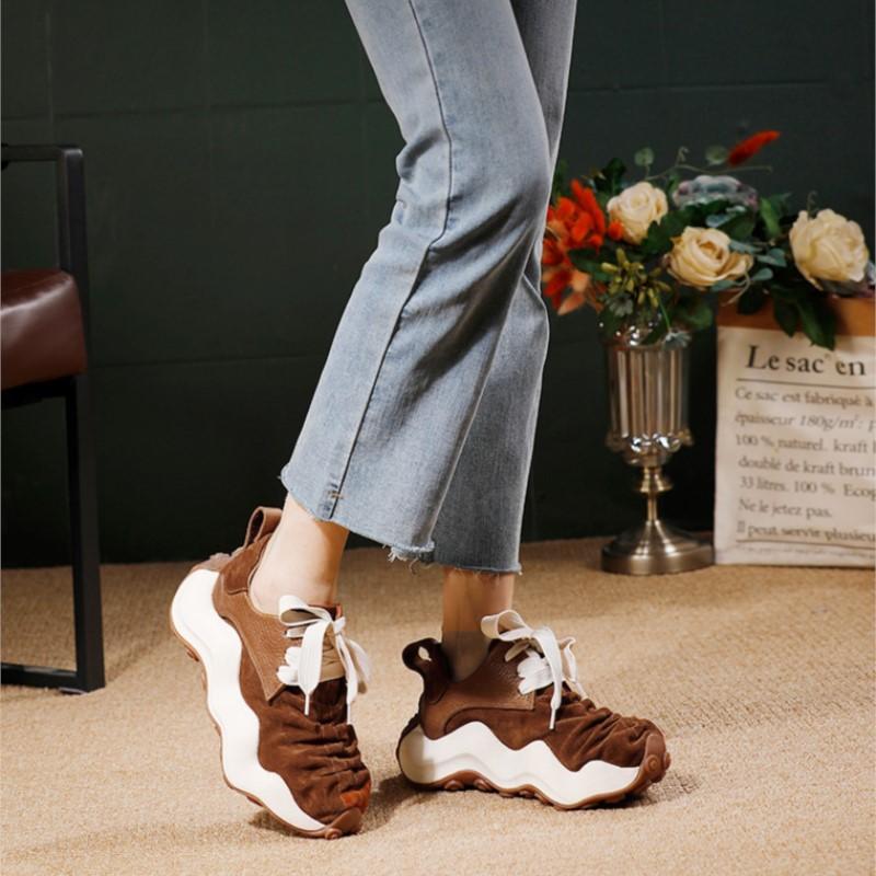 Johnature Chaussures pour femmes Cuir véritable Suede Épissage Semelle épaisse Style sportif Respirant Lacets Chaussures décontractées