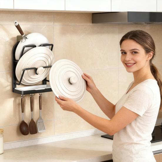 Wall-Mounted Pot Lid Holder Kitchen Pot Lid Storage Rack Punch-Free Pot Lid Organizer with Removable Drip