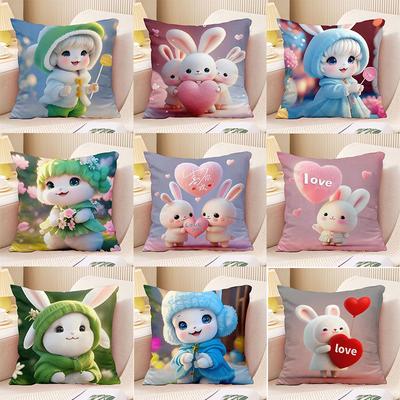 Bedroom Living Room Square Cushion Pillowcase Cute Rabbit Print Decorative Pillowcase