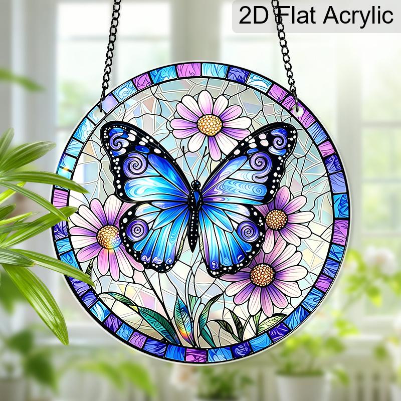 2D Flat Acrylic Butterfly Flower Suncatcher Decorative Hanging Ornament, 7.87/11.81inches Stained Spring Summer Home Balcony Window Wall Garden Tree