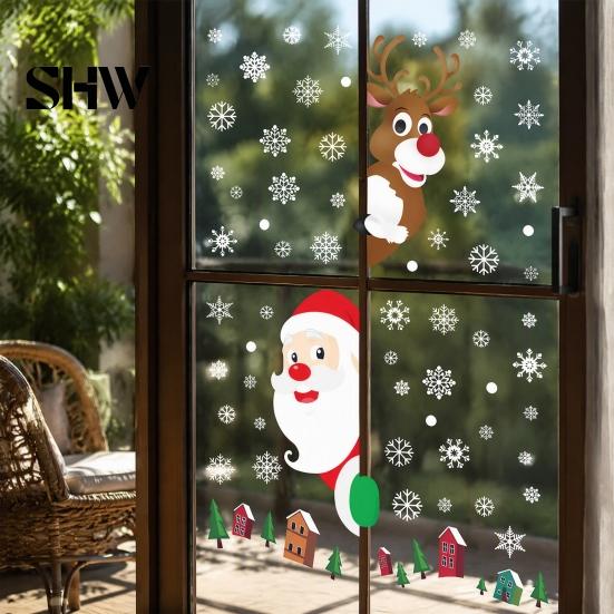 Snow Scene Glass Stickers 4Pcs Christmas Santa Claus & Reindeer Static Window Clings with Snowflake, PVC Removable Decals, Reusable for Home