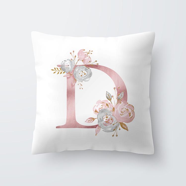Pink Letter Decorative Floral Pillow Gold Alphabet Cushion for Sofa Polyester Pillowcase Decoration Salon