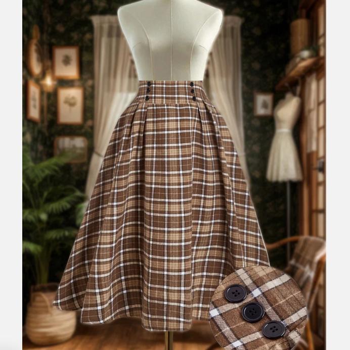 Falda Versátil de Talla Grande Vintage Artística a Cuadros Cepillados Línea A Media Pierna