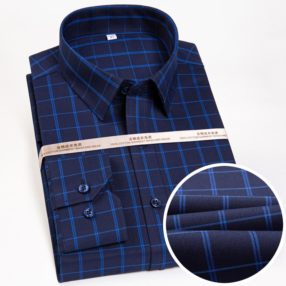 Men's Premium Non-Iron Pure Cotton Long Sleeve Formal Shirt with Spread Collar, No Pocket Plaid Striped for Business Casual Wear