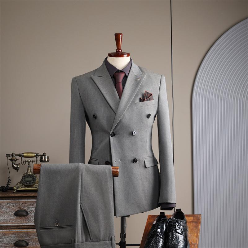 Men's Double-Breasted Striped Suit Set for Weddings & Business – Slim Fit Tuxedo & Formal Wear