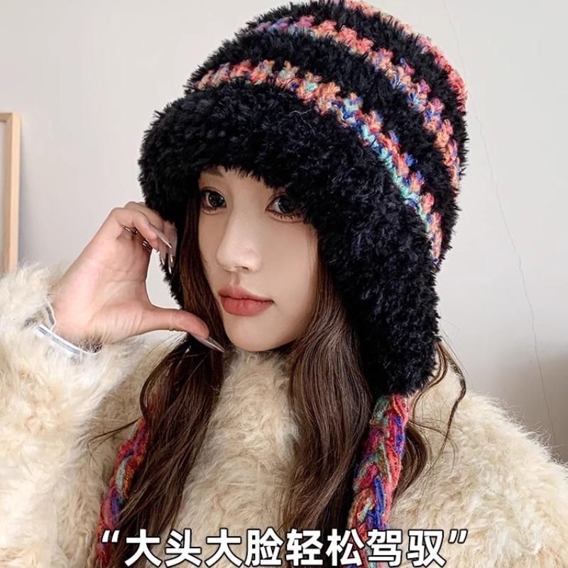Color Striped Hat Women's Autumn and Winter Advanced Sense Windproof and Cold-proof Knitted Hat Big Head Circumference Piled Thickened Headgear