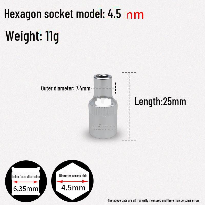 1/4" Xiaofei Hex Socket Wrench, Short 6.3mm Chrome Vanadium Steel Head