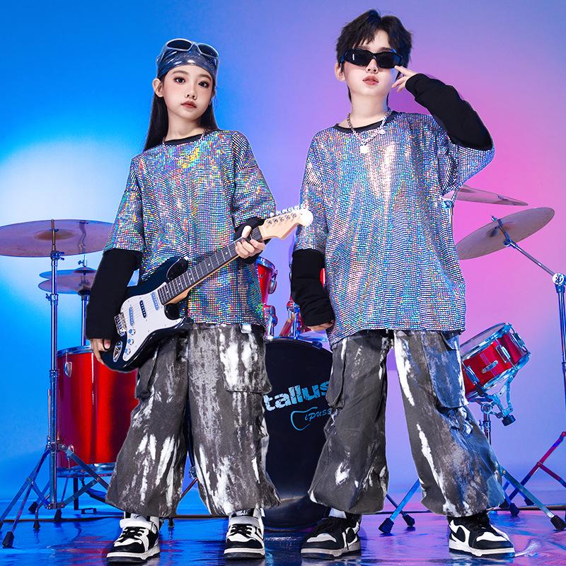 Kids' New Year's Stage Costumes: Sequined Drum Performance Outfits, Boys' Street Dance Wear, Girls' Hip-Hop Catwalk Fashion