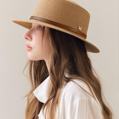 ACCLET Rattan Wide Flat Top Panama Hat H023KH