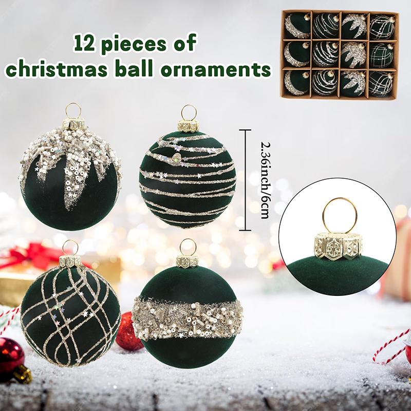 12 Glitter Velvet Christmas Ornaments 2.36" Shatterproof Plush Decor Hanging Tree Accessories for Windows Walls Porch Fireplaces