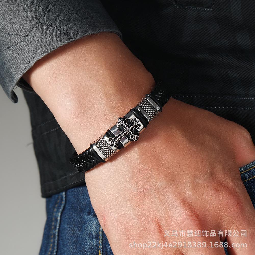 Men Simple Leather Braided Bracelet Alloy Accents European American Style Cross Fashion Alloy Bracelet
