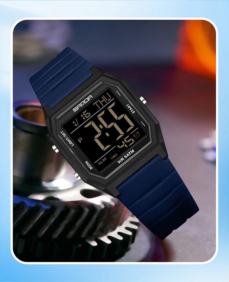Sanda Waterproof Sports Alarm Watch - Multifunctional Square Electronic Timepiece for Students & Parties