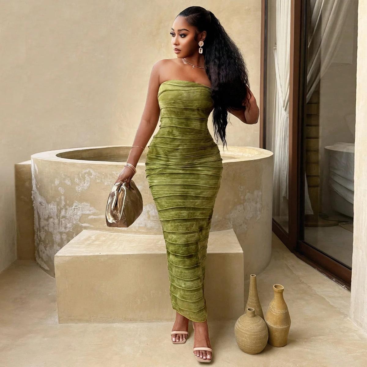 Explosive Autumn New Slim Backless Tie-dyed Tube Top, Dress, Women S зелёный