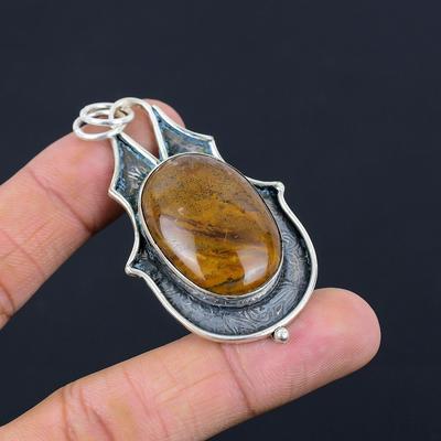 Natural Seam Agate Gemstone Pendant Brown 925 Sterling Silver Indian Jewelry