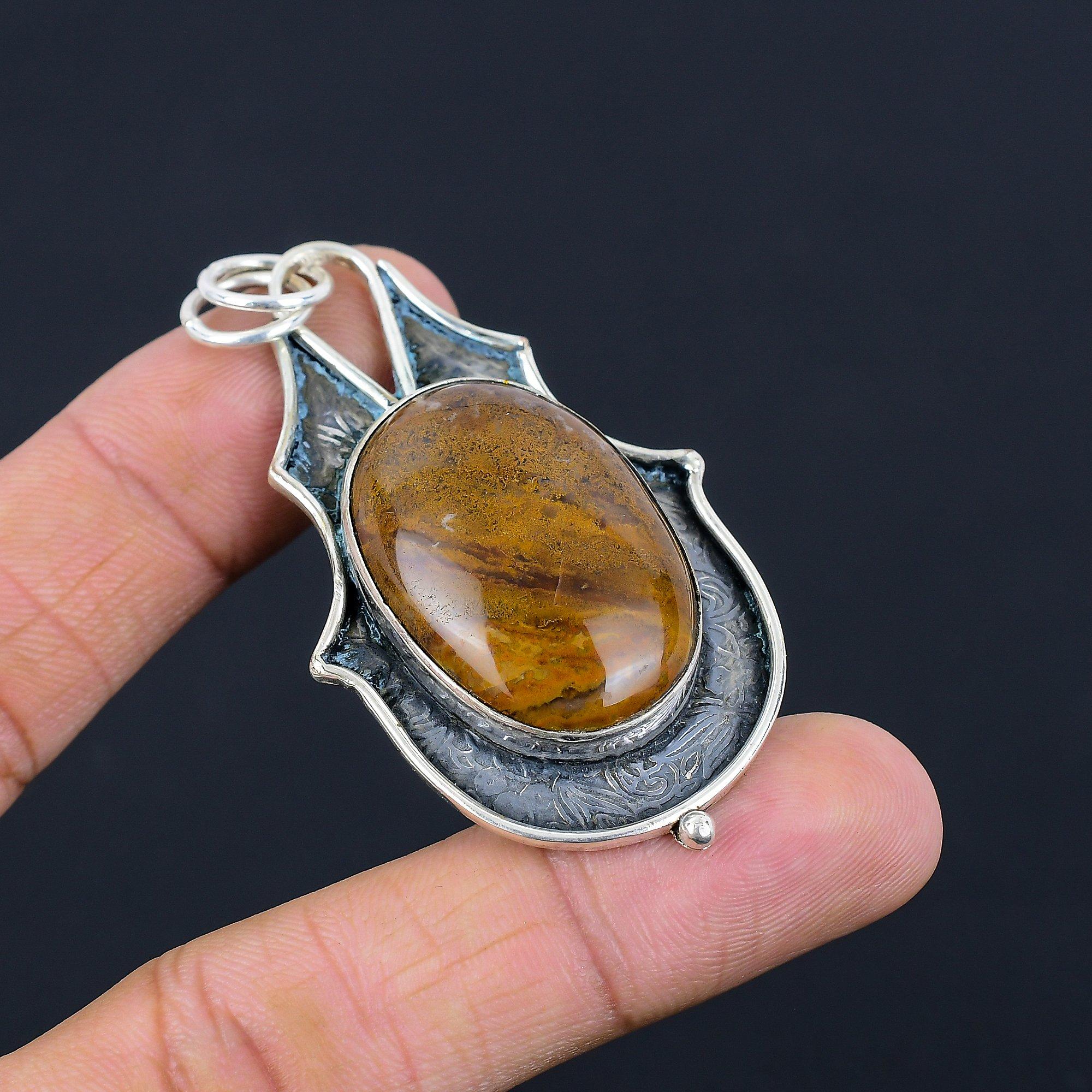 

Natural Seam Agate Gemstone Pendant Brown 925 Sterling Silver Indian Jewelry