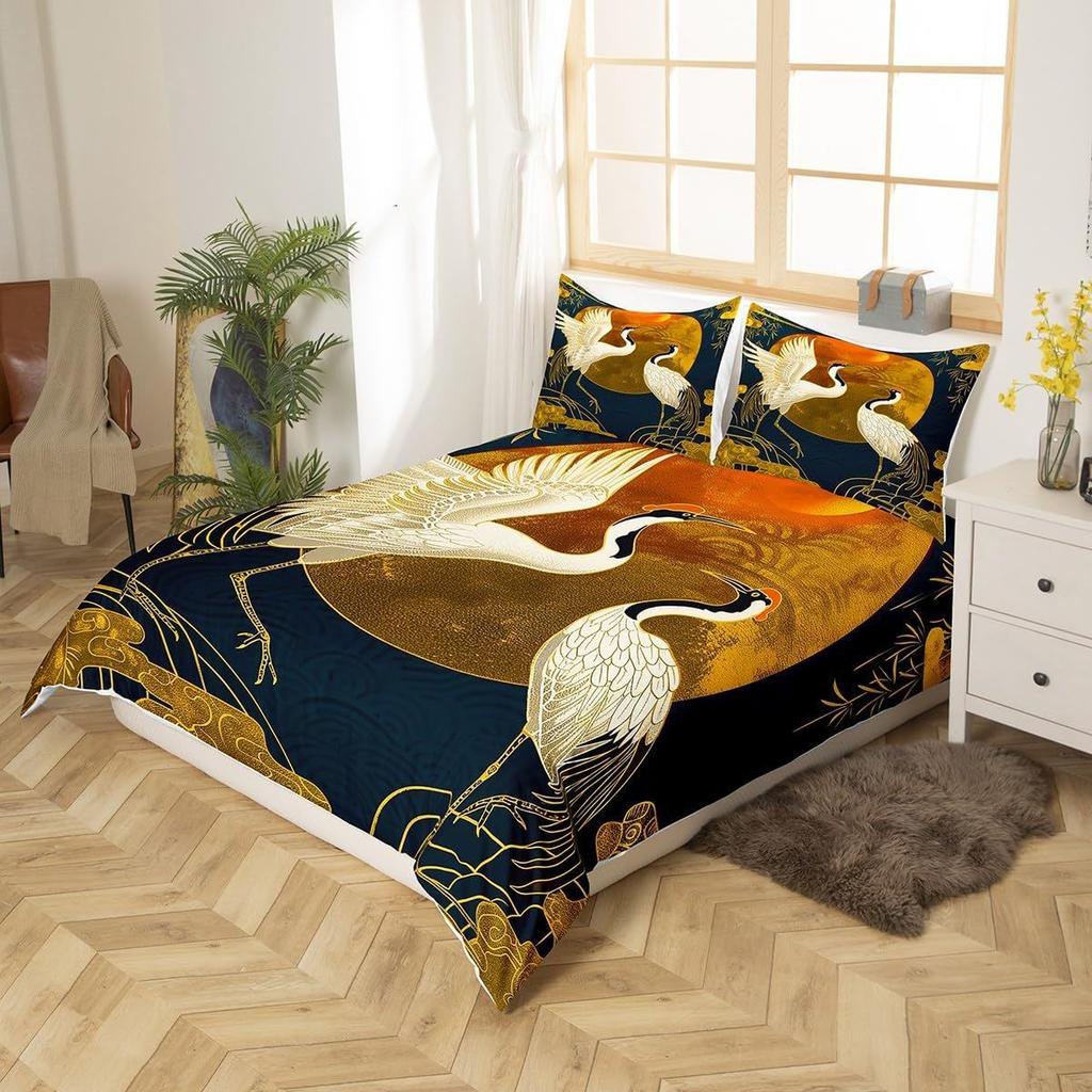 Crane Duvet Set Japanese Tree Bedding Three-Piece Room Decoration Animal Ukiyo-E Style Quilt Cover