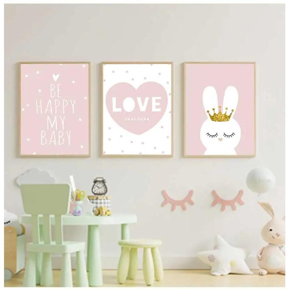 Decorazione Quadro Stile Nordico Stanza Bambina Decorazione Asilo Arte da Parete Tela Poster Minimalista Corona Coniglio Stampa Rosa Pittura Cartoon