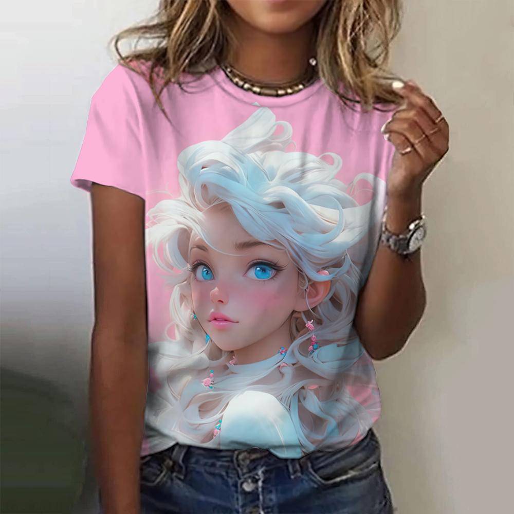 Stampa Cartone Animato Bambina Carina T-shirt da Donna Estate Nuove Maniche Corte T-shirt Moda Larga Street Scollo a O Abbigliamento Donna Top