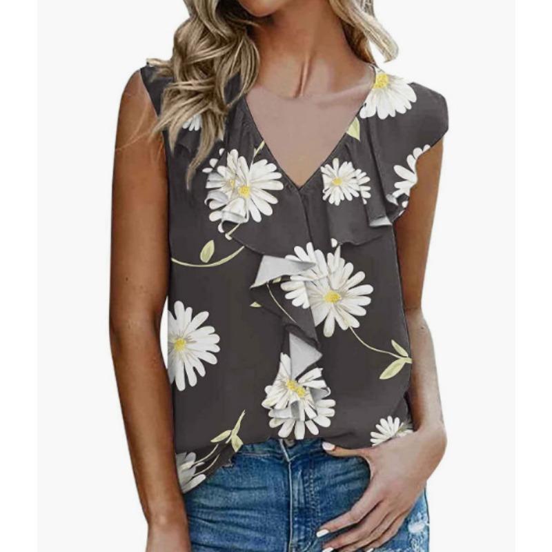 Women's plus size printed chiffon fungus trim T shirt