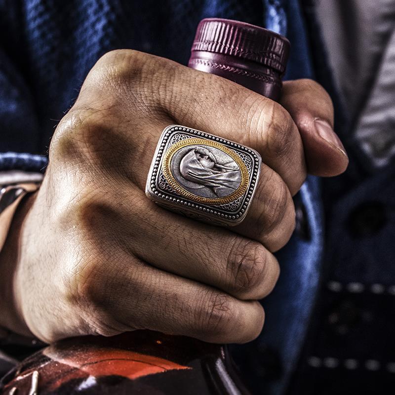 Hand-inlaid Retro Literature, European and American Beliefs, Holy Brand Ancient Coins, Ring Opening Adjustable Ring Men