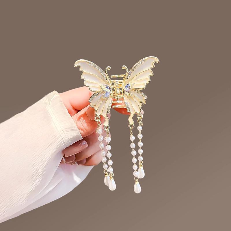 Elegant Medium Pearl Tassel Butterfly Hair Clip for Women - Versatile Half-Up, Ponytail, and Hair Claw Styling.